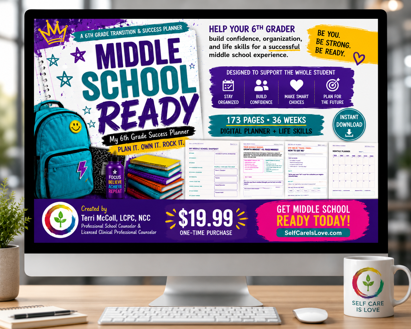 My 6th Grade Success Digital Planner shown on a computer screen: 173 pages, 36 weeks, $19.99 one-time purchase